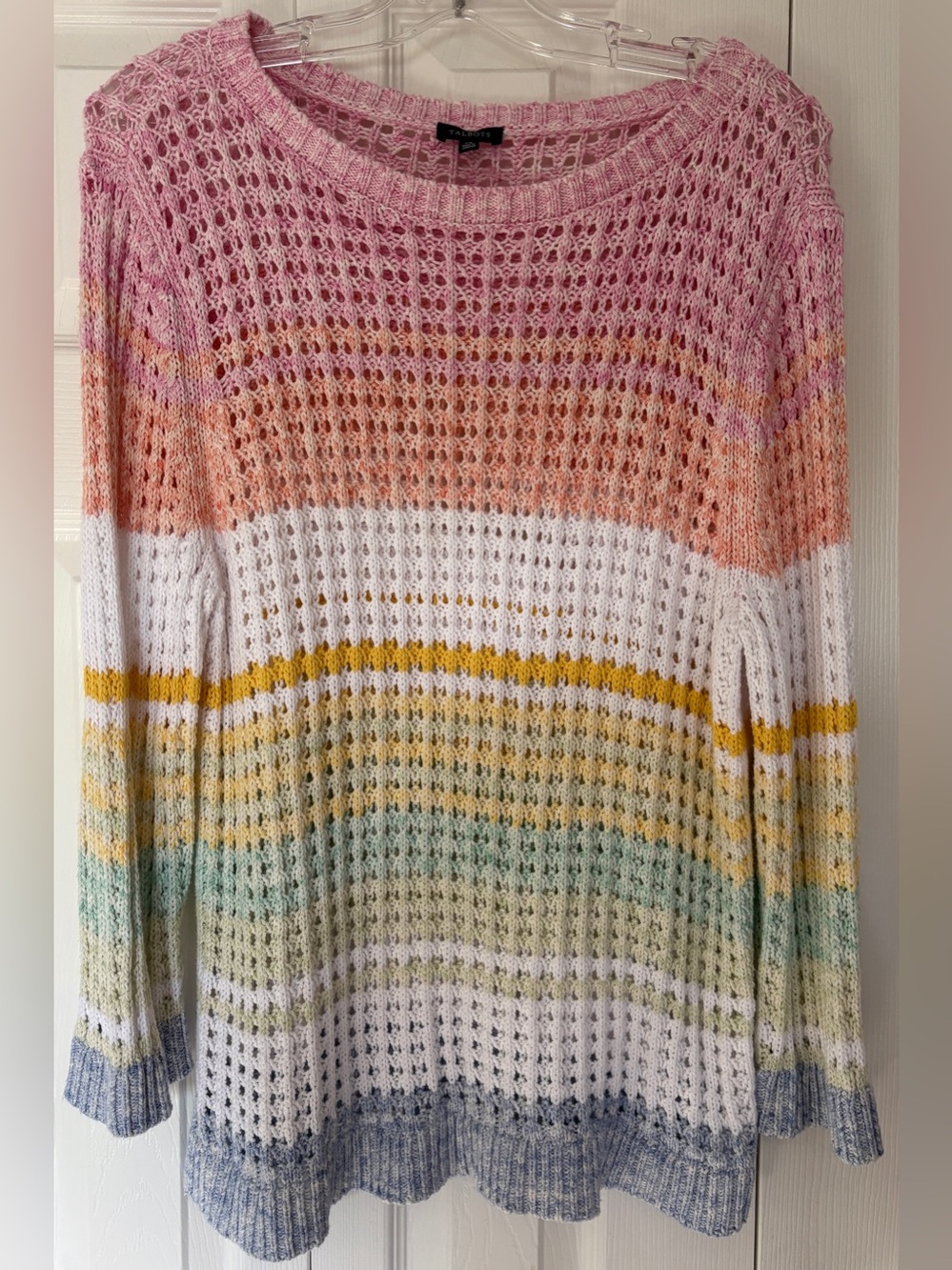 Talbots Pastel Rainbow Stripe Open Stitch Cotton Sweater Size XLarge